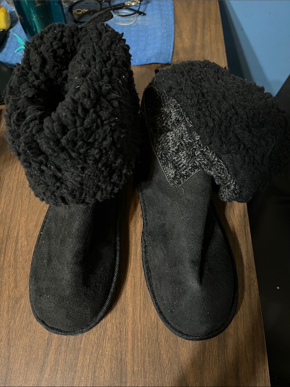 Muk Luks Black Faux-Shearling Fold-Over Slippers